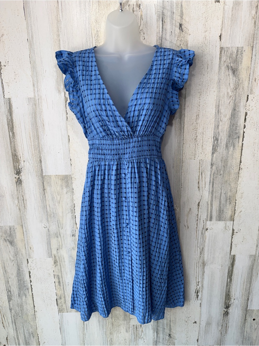 SHEIN Blue Plaid Smocked Dress Small Ruffle Sleeve